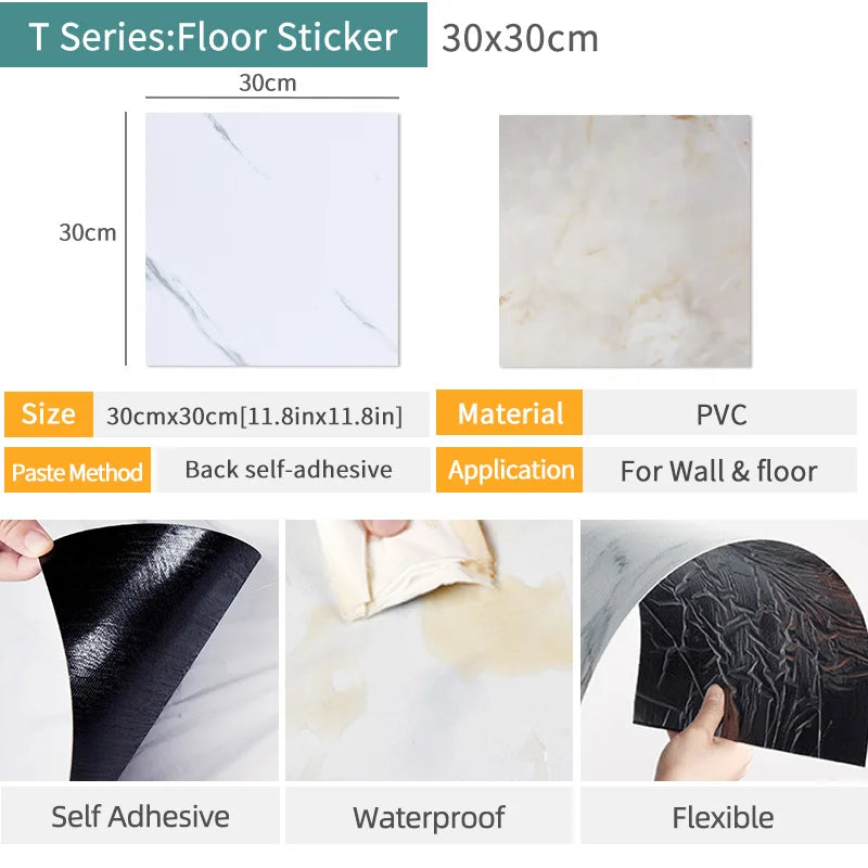 20pcs 30*30cm PVC Flat Imitation Marble Tile Floor Stickers Self-adhesive Wall Stickers Waterproof Bathroom living Room Decals