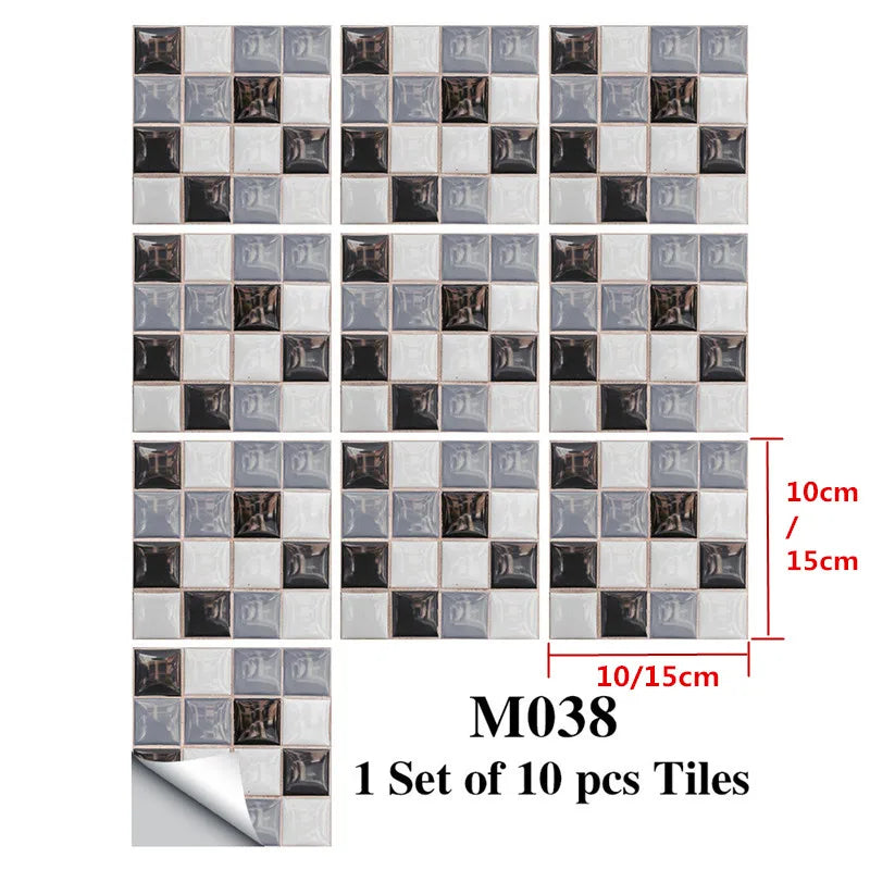 New 10Pcs Mosaic Tile Stickers Crystal Self-adhesive Kitchen Wall Stickers Living Room Bathroom Decoration PVC