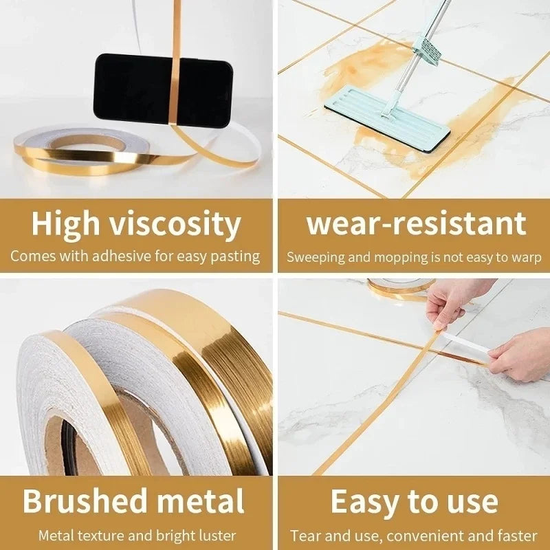 50M Brushed Gold Silver Floor Edging Waterproof Seam Wall Stickers Wall Gap Ceiling Home Decoration Self-adhesive Tile Tape